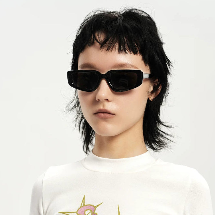 Square Cat-Eye Tinted Sunglasses — Model wearing black square cat-eye sunglasses