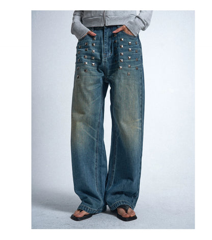 Square Stud Trim Straight Leg Jeans
