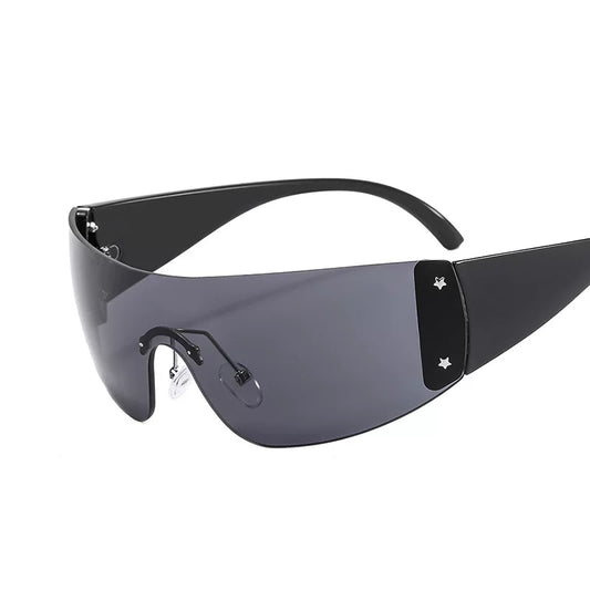 Star-Detail Shield Sunglasses — Black shield sunglasses, three-quarter view