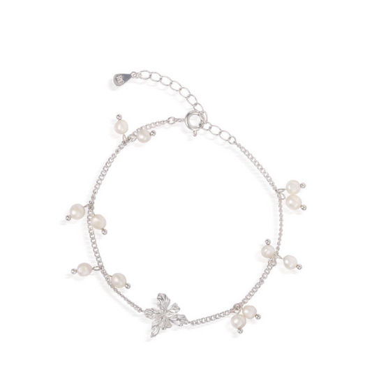 Sterling Silver Pearl & Flower Charm Bracelet