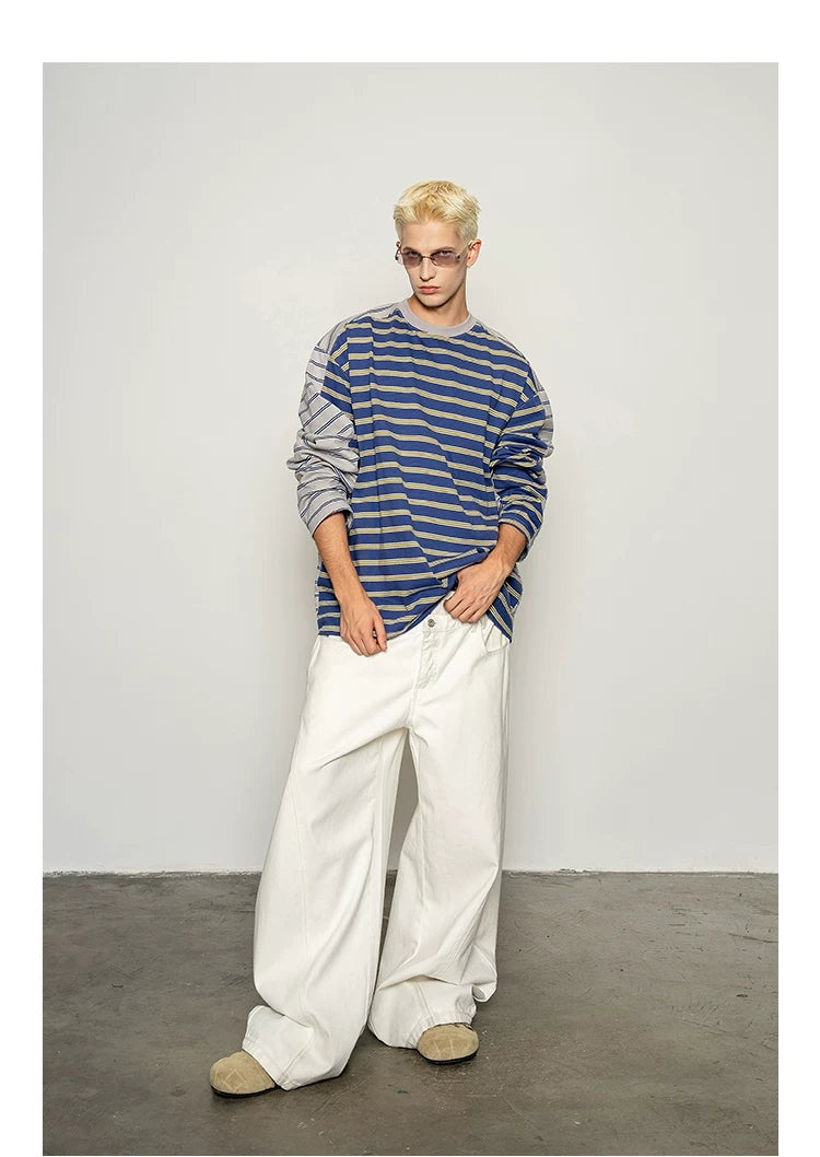 Blue and yellow striped long-sleeve T-shirt, full-length front view on model