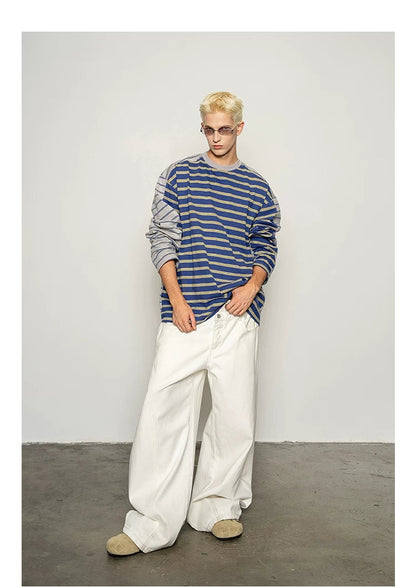 Blue and yellow striped long-sleeve T-shirt, full-length front view on model