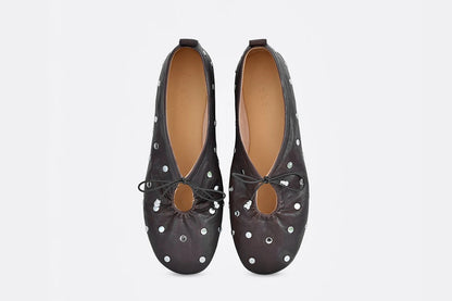 Studded Waxed Leather Bow Detail Ballet Flats — dark brown studded pair, top view
