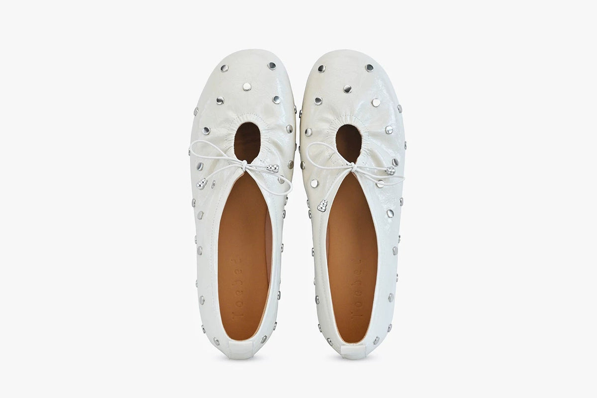 Studded Waxed Leather Bow Detail Ballet Flats — white studded pair, top view