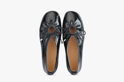 Studded Waxed Leather Bow Detail Ballet Flats — black studded pair, top view