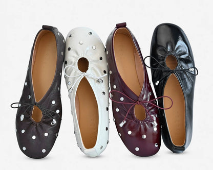 Studded Waxed Leather Bow Detail Ballet Flats — four studded color options, top view