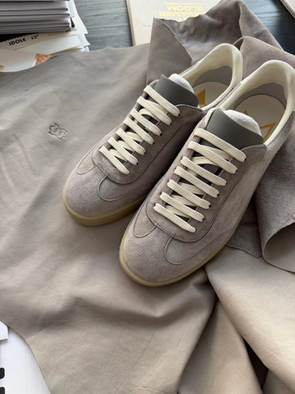 Suede Leather German Trainer Sneakers — grey suede pair, top view