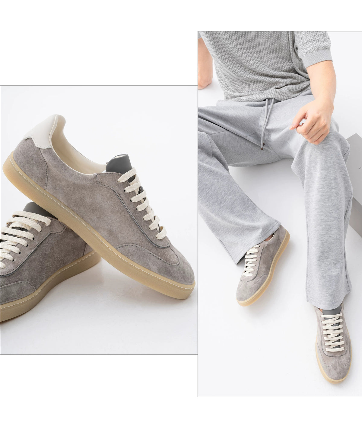 Suede Leather German Trainer Sneakers — grey suede close-up and on-foot view