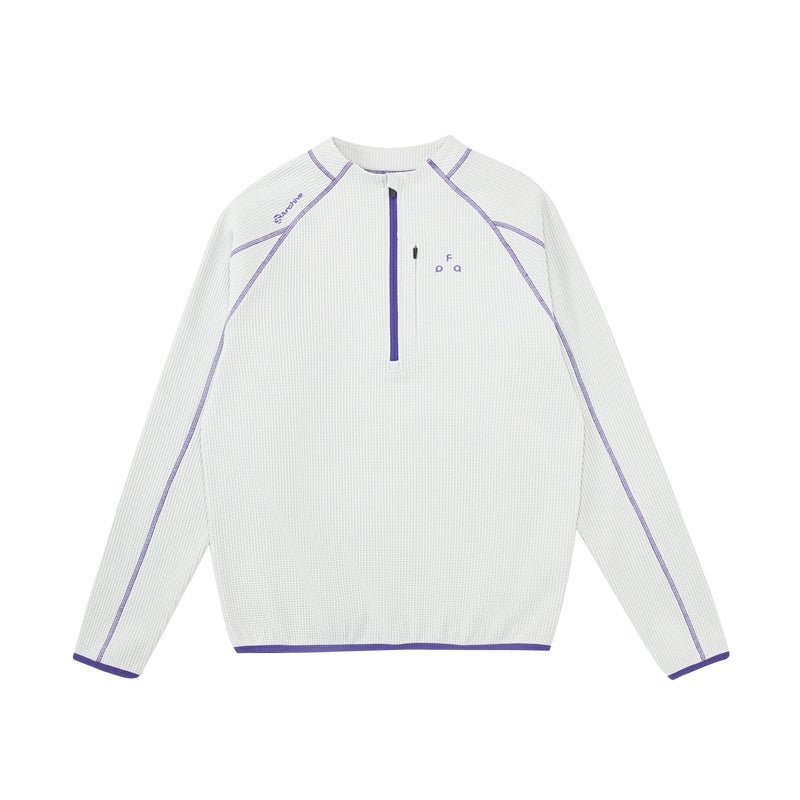 Men's women's UPF 50+ sun protection top - White  gray quarter zip pullover purple piping premium knit activewear