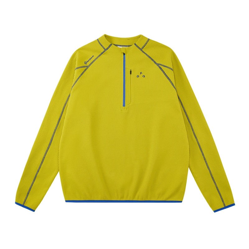 Men's women's UPF 50+ sun protection top - mustard yellow quarter zip pullover  blue piping premium knit activewear