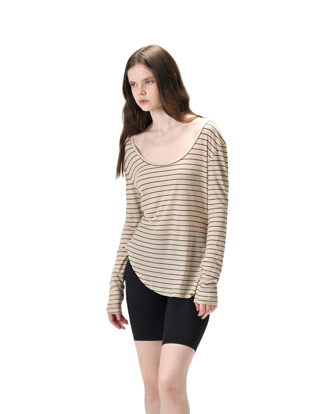 Tencel Wool Striped U-Neck Tee
