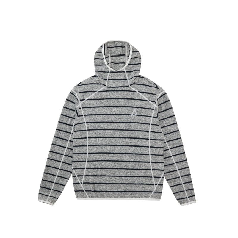 The EastLyst Textured Stripe Knit Hoodie, featuring black horizontal stripes and white seam details in a relaxed fit, is displayed laid flat on a white background.