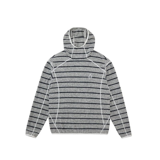 The EastLyst Textured Stripe Knit Hoodie, featuring black horizontal stripes and white seam details in a relaxed fit, is displayed laid flat on a white background.