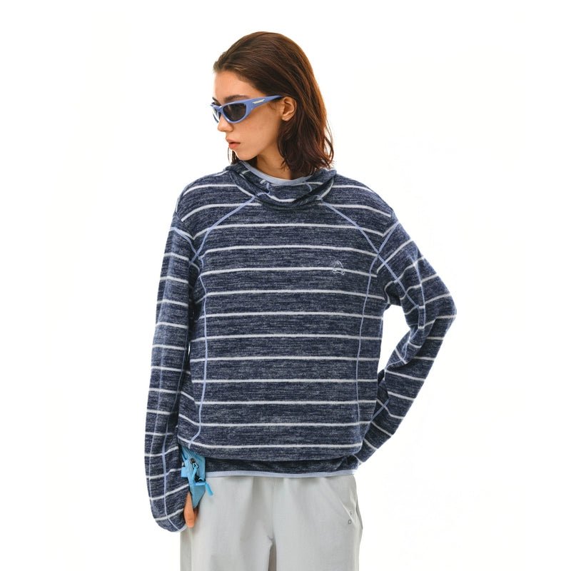 The EastLyst Textured Stripe Knit Hoodie, featuring black horizontal stripes and white seam details in a relaxed fit, is displayed laid flat on a white background.