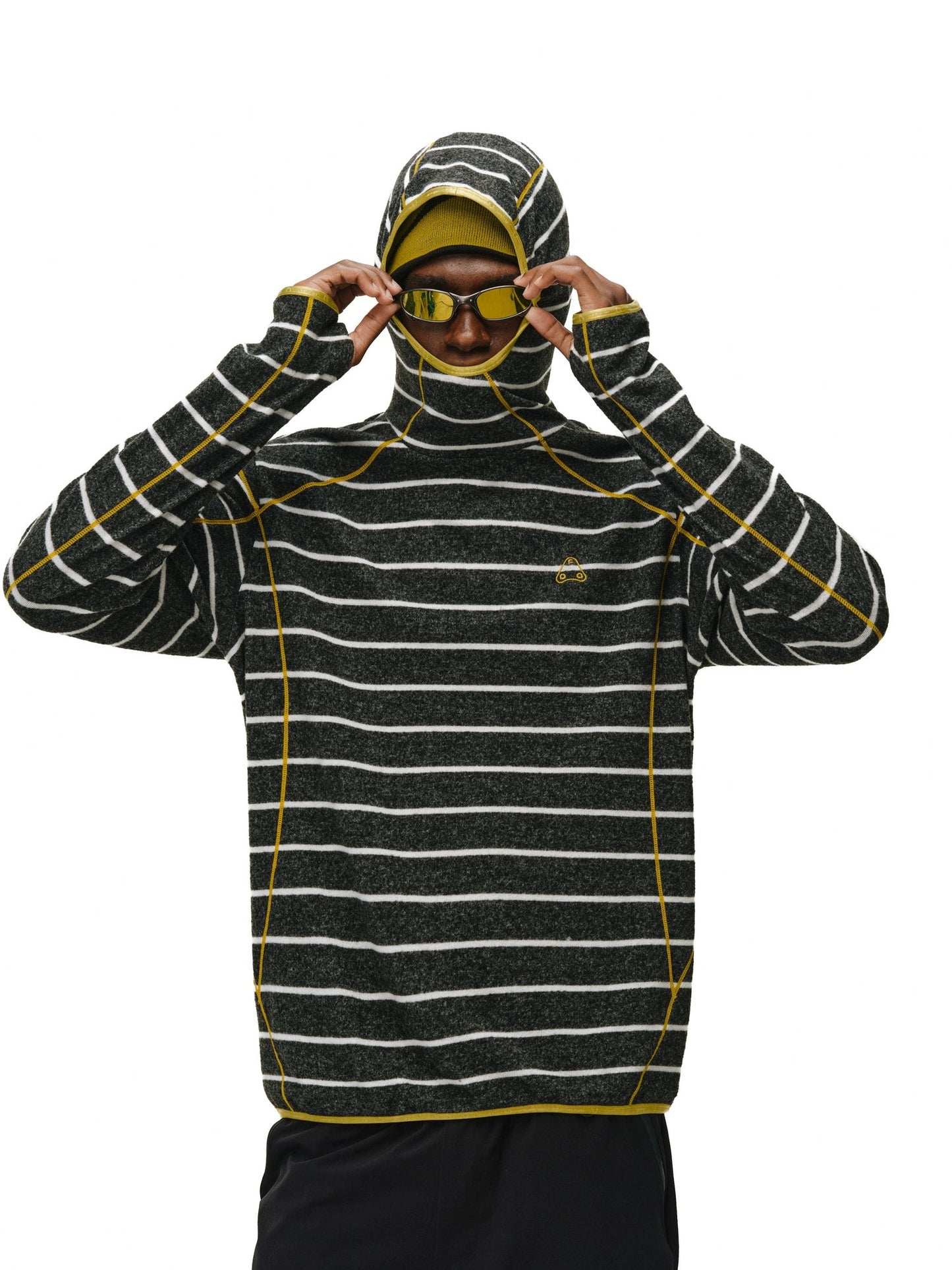 The EastLyst Textured Stripe Knit Hoodie, featuring black horizontal stripes and white seam details in a relaxed fit, is displayed laid flat on a white background.