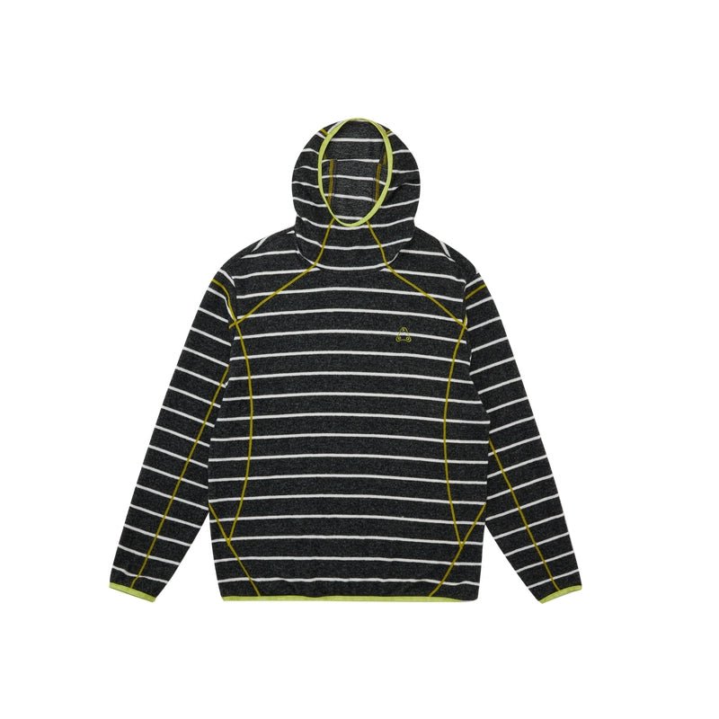 The EastLyst Textured Stripe Knit Hoodie, featuring black horizontal stripes and white seam details in a relaxed fit, is displayed laid flat on a white background.