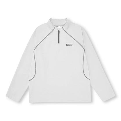 The EastLyst Premium Anti-Pilling Hemp Long Sleeve Tee is a heavyweight, white pullover with gray seams, a short front zipper, and a small logo—durable athletic wear ideal for the gym.