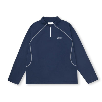 The EastLyst Premium Anti-Pilling Hemp Long Sleeve Tee is a heavyweight, white pullover with gray seams, a short front zipper, and a small logo—durable athletic wear ideal for the gym.