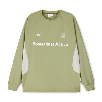 The EastLyst Quick-Dry Color Block Long Sleeve Tee features black side panels, "Sometimes Active" text, small logos, and the number 8 near the collar—a lightweight, breathable shirt perfect for staying cool and comfortable.