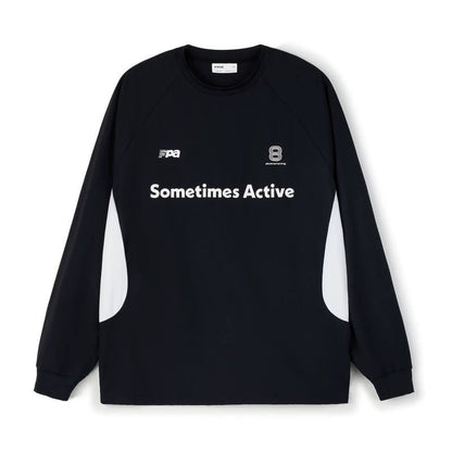 The EastLyst Quick-Dry Color Block Long Sleeve Tee features black side panels, "Sometimes Active" text, small logos, and the number 8 near the collar—a lightweight, breathable shirt perfect for staying cool and comfortable.
