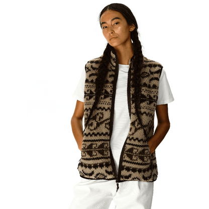 The EastLyst Retro Lamb Wool Gilet is a sleeveless, zip-up vest with a high collar, chest zip pocket, and brown-beige-black patterned design—ideal for autumn and winter layering.