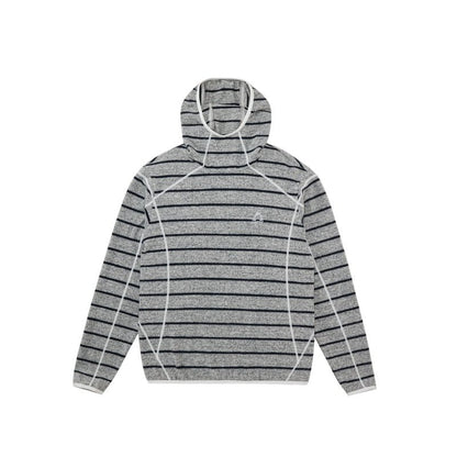 The EastLyst Textured Stripe Knit Hoodie, featuring black horizontal stripes and white seam details in a relaxed fit, is displayed laid flat on a white background.