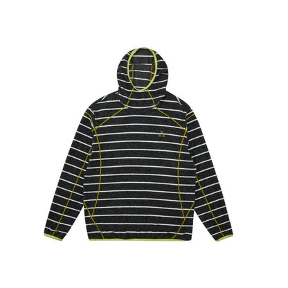 The EastLyst Textured Stripe Knit Hoodie, featuring black horizontal stripes and white seam details in a relaxed fit, is displayed laid flat on a white background.