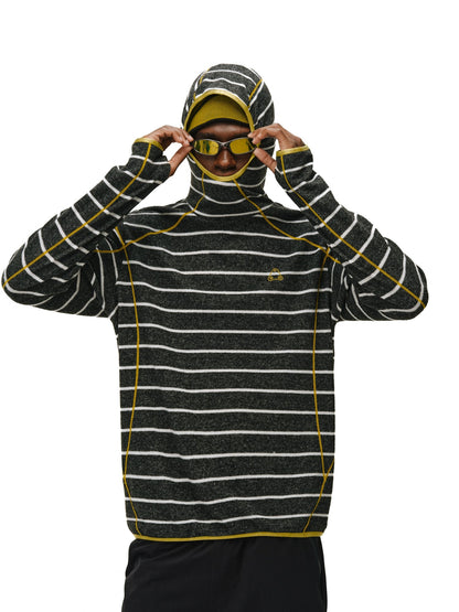 The EastLyst Textured Stripe Knit Hoodie, featuring black horizontal stripes and white seam details in a relaxed fit, is displayed laid flat on a white background.