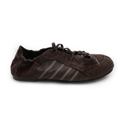 Thin-Soled Strap-On Ballet Flats — brown shoe, side view