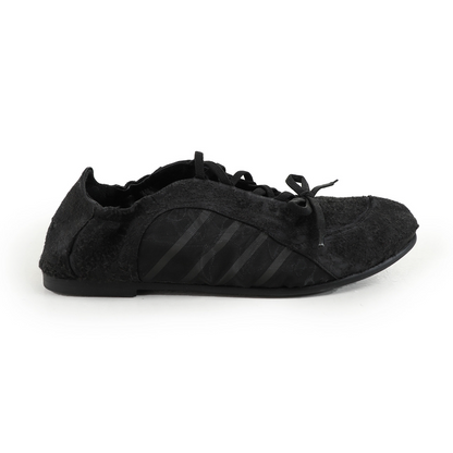 Thin-Soled Strap-On Ballet Flats — black shoe, side view