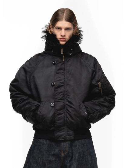 Tie-Dye Bomber Jacket — Model wearing black jacket, front view