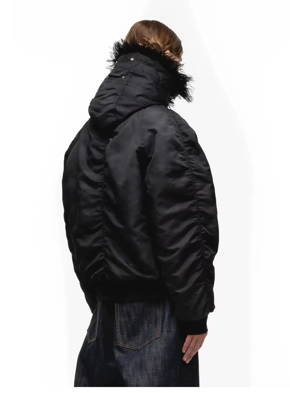 Tie-Dye Bomber Jacket — Model wearing black jacket, rear view