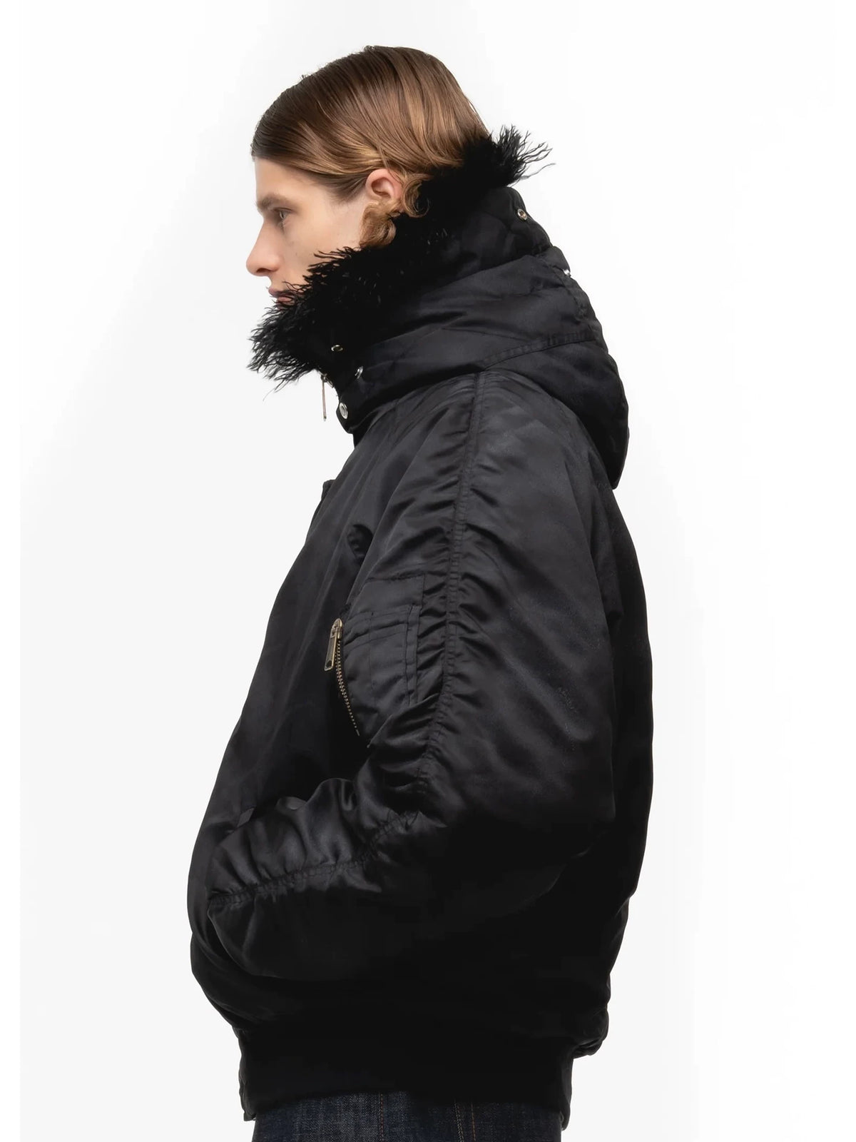 Tie-Dye Bomber Jacket — Model wearing black jacket, side view