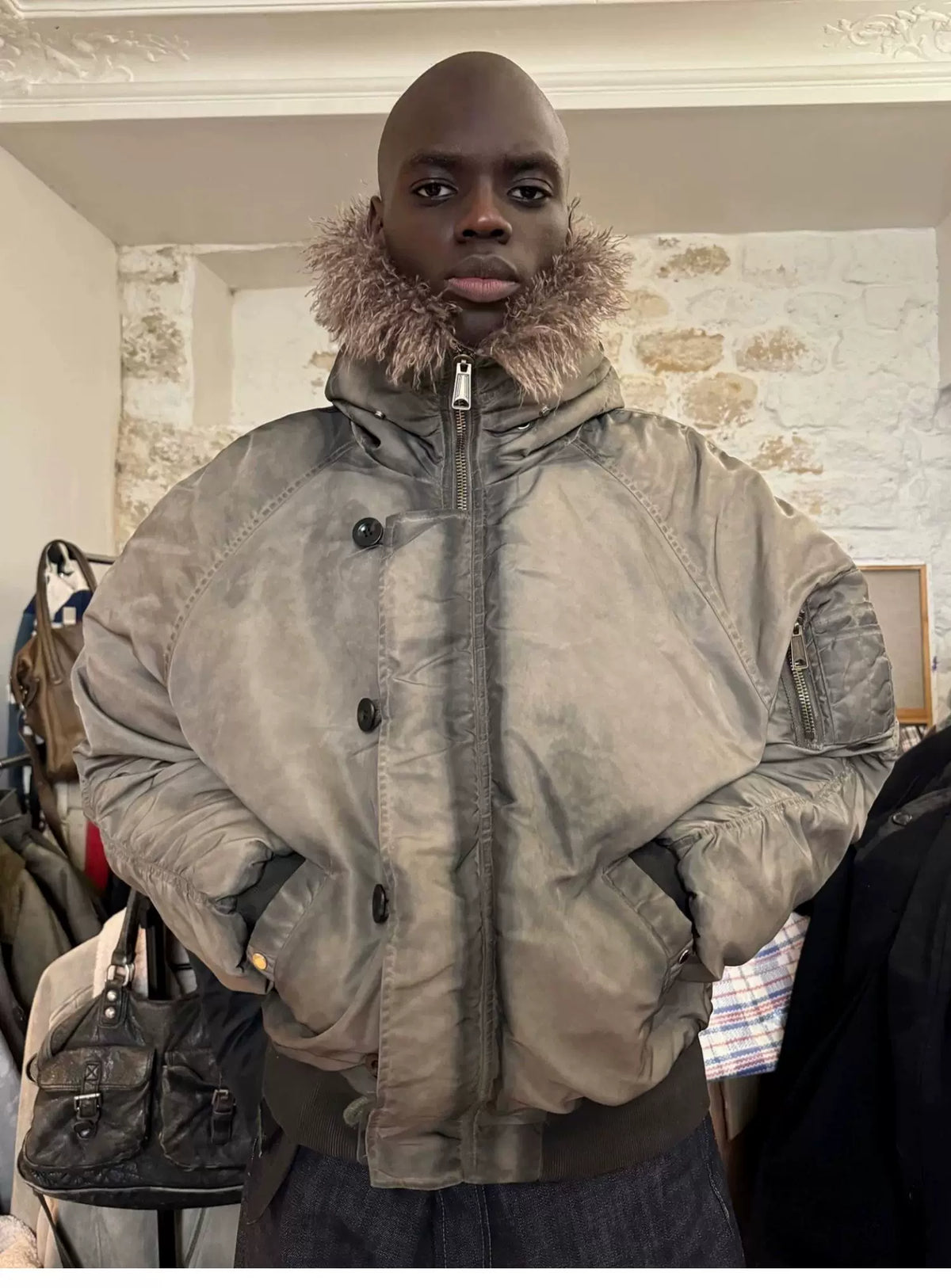 Tie-Dye Bomber Jacket — Model wearing khaki jacket, close front view