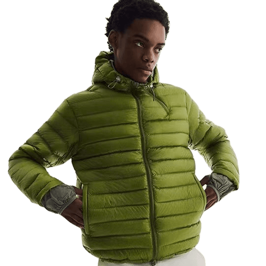 Grass green ultra-light down jacket on model