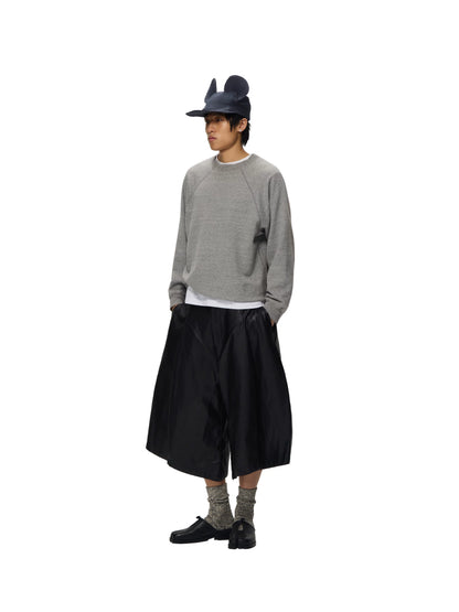 Unisex Black PU Leather Pleated Bermuda Shorts