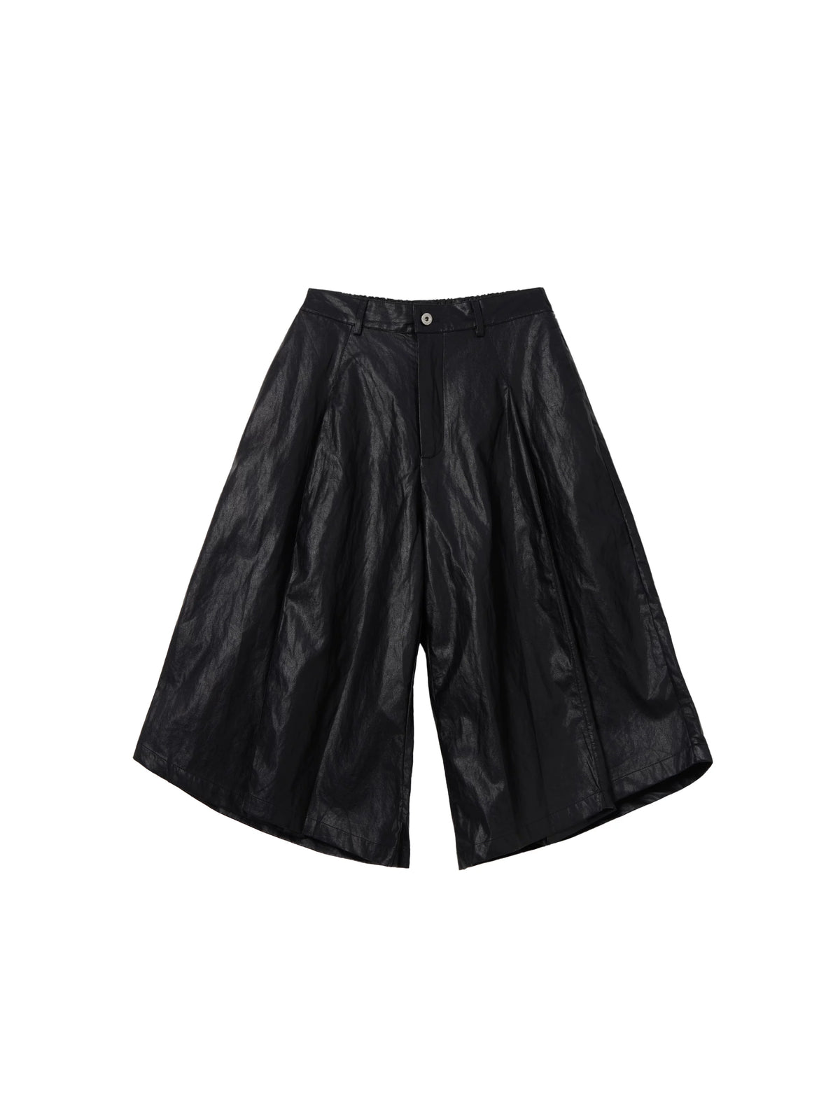 Unisex Black PU Leather Pleated Bermuda Shorts