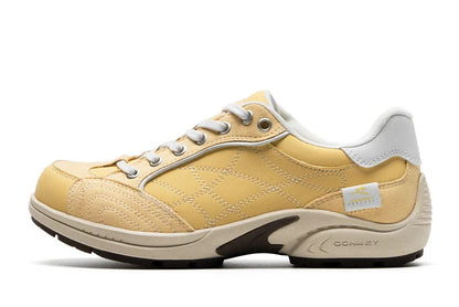Unisex Retro Racing-Style Sneakers — pale yellow sneaker, side view