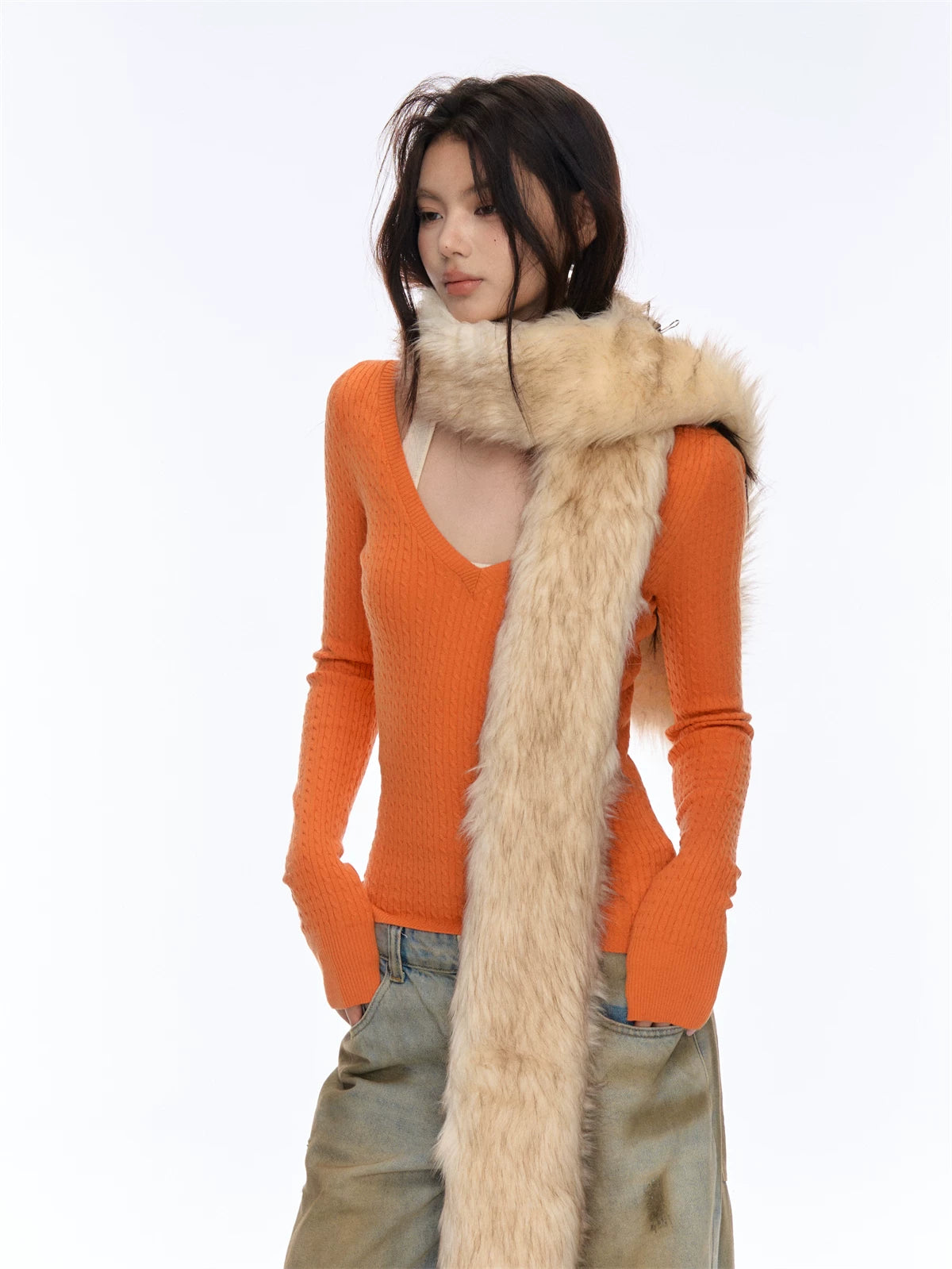 V-Neck Cable Knit Base Layer Top