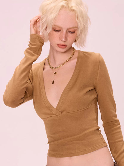 V-Neck Cropped Long Sleeve Knit Top