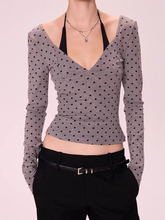 V-Neck Polka Dot Long Sleeve Top