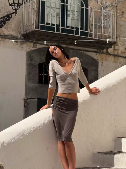V-Neck Top & Midi Skirt