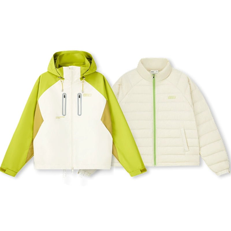 Men's women's 3-in-1 explorer jacket - Light peach color waterproof shell with removable down puffer versatile outdoor