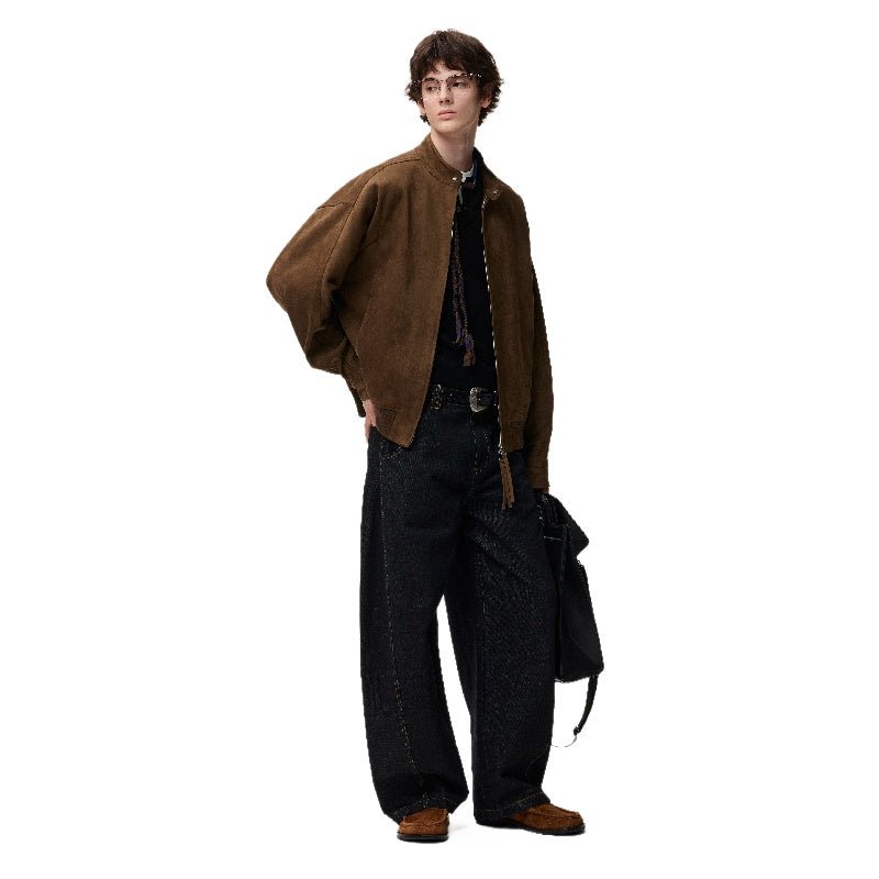 Men's women's vintage brown Harrington jacket - classic bomber style lightweight jacket over black shirt dark jeans