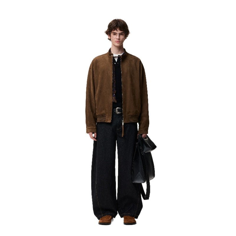 Men's women's vintage brown Harrington jacket - classic bomber style lightweight jacket over black shirt dark jeans