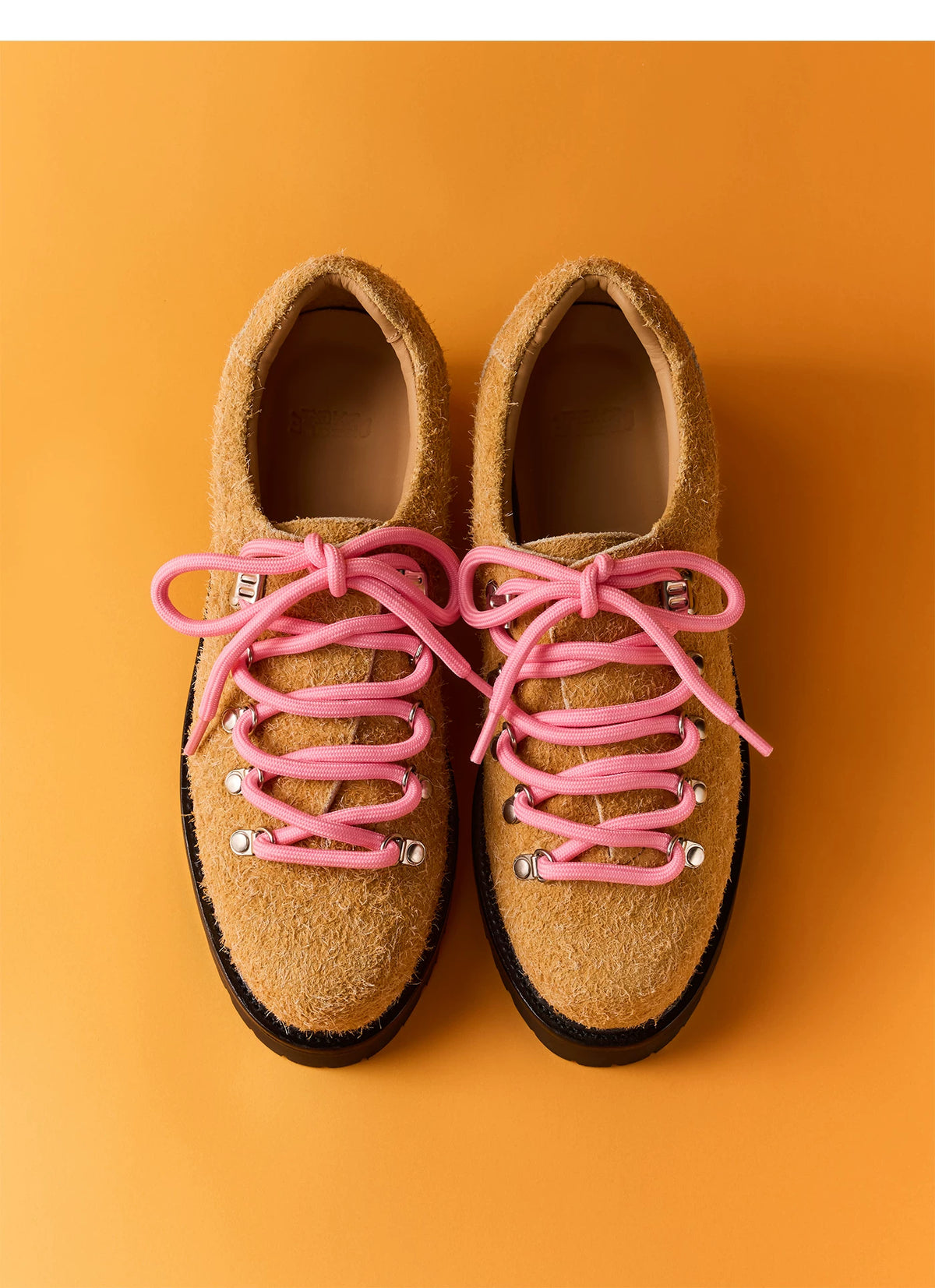 Vintage Leather Contrast-Lace Derby Shoes — tan pair with pink laces, top view