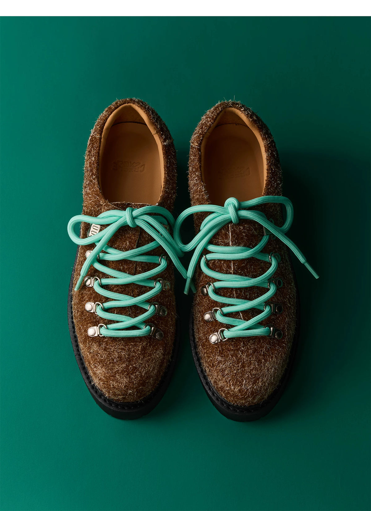 Vintage Leather Contrast-Lace Derby Shoes — brown pair with turquoise laces, top view