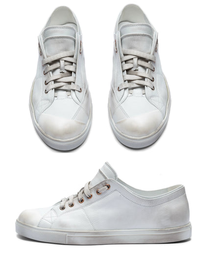 VOWPROGRESS Heavy-Washed Sculpted-Toe Vulcanized Sneakers — white pair, top and side views