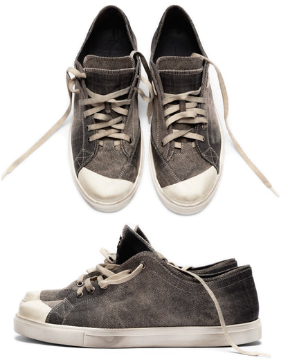 VOWPROGRESS Heavy-Washed Sculpted-Toe Vulcanized Sneakers — dark washed pair, top and side views