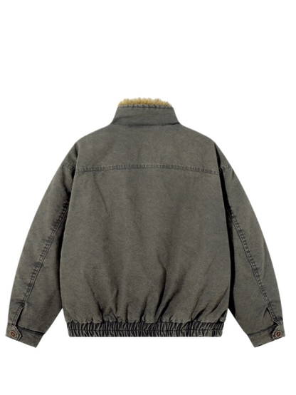 Washed Denim Bomber Jacket — Grey-green jacket, back view
